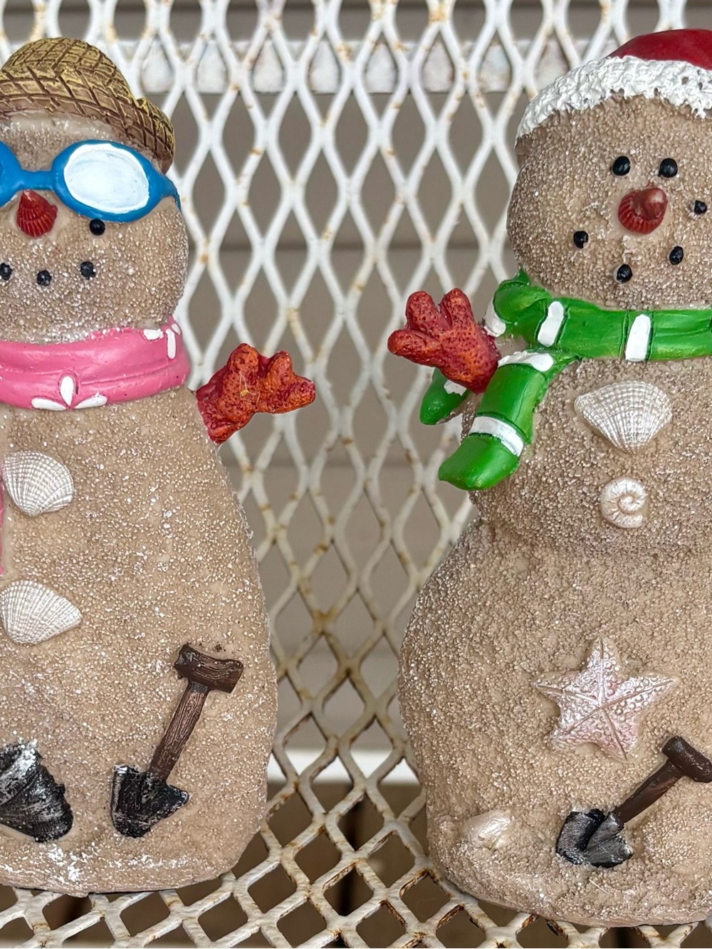 Beach-Themed Coastal Sand Snowman and Snowlady Holiday Figurines